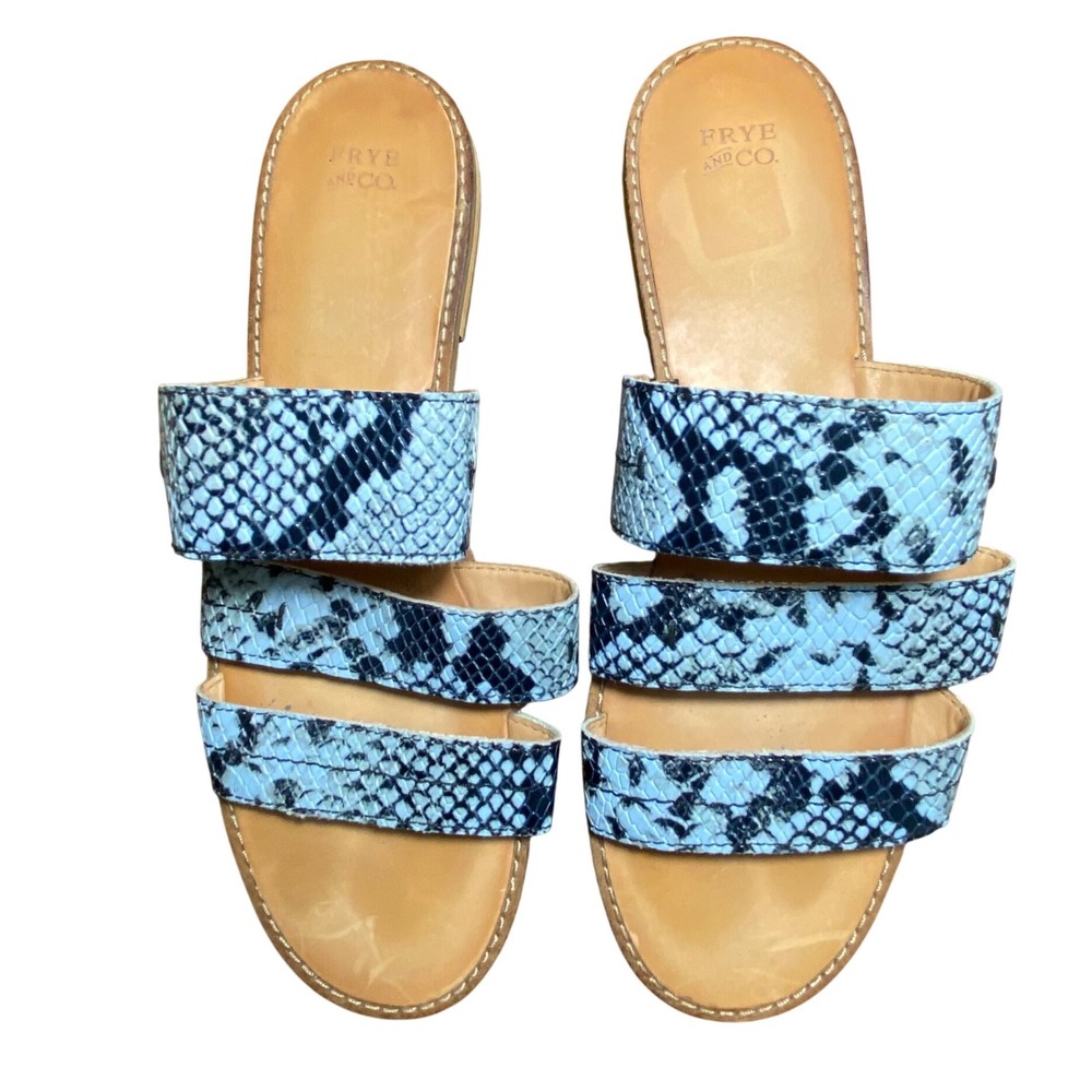 Frye and Co Womens Blue Snakeskin Embossed Leather Triple Strap Slide Sandals 10